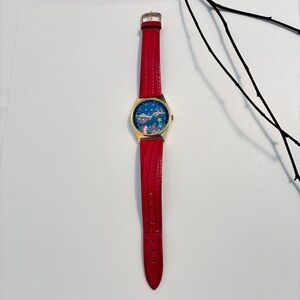 Valdawn Santa Claus & Sleigh Moving Star Snow Red Leather Band Watch Vintage